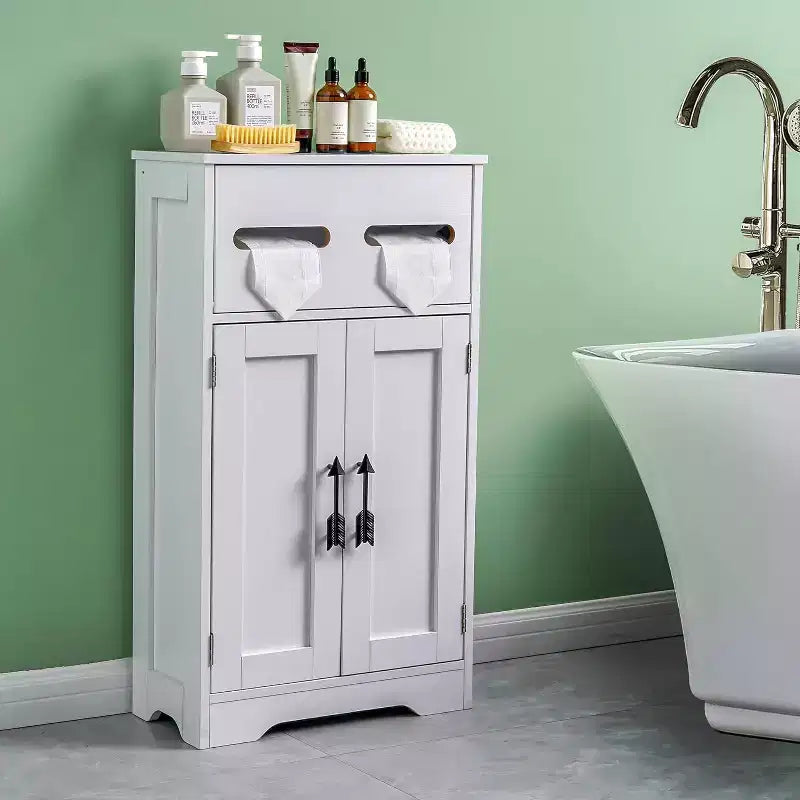Meuble de rangement de salle de bain, meuble bas en bois avec 2 portes et support de papier toilette, blanc