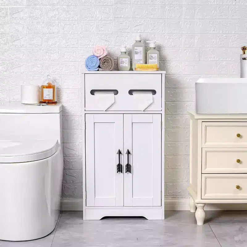 Meuble de rangement de salle de bain, meuble bas en bois avec 2 portes et support de papier toilette, blanc