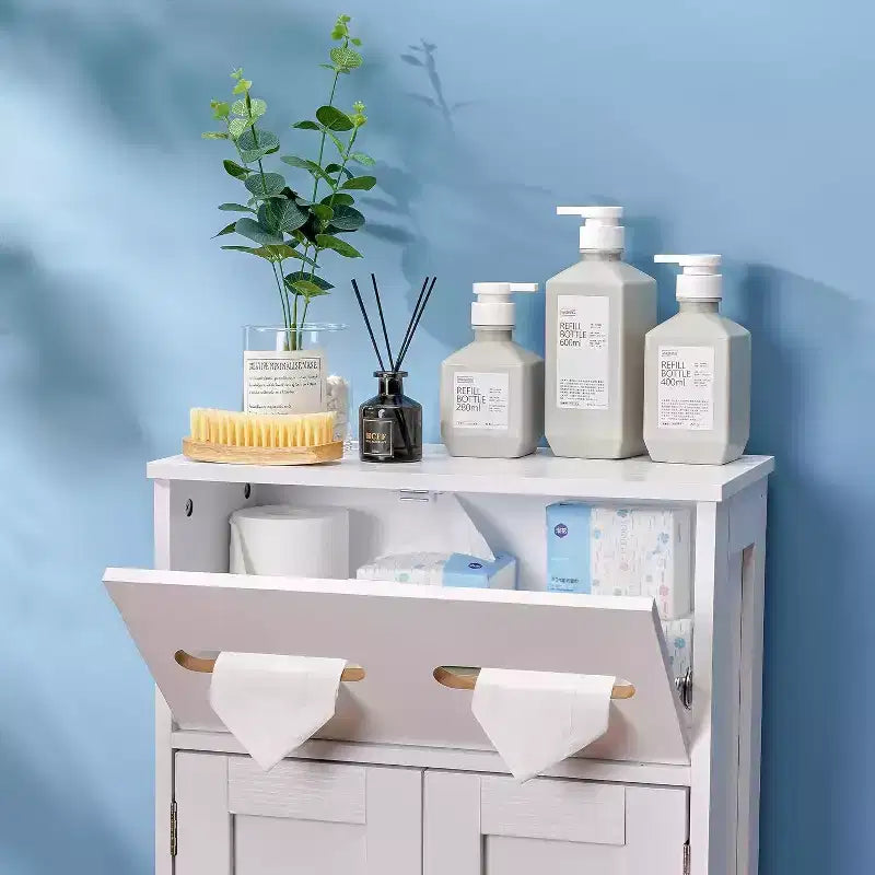 Meuble de rangement de salle de bain, meuble bas en bois avec 2 portes et support de papier toilette, blanc
