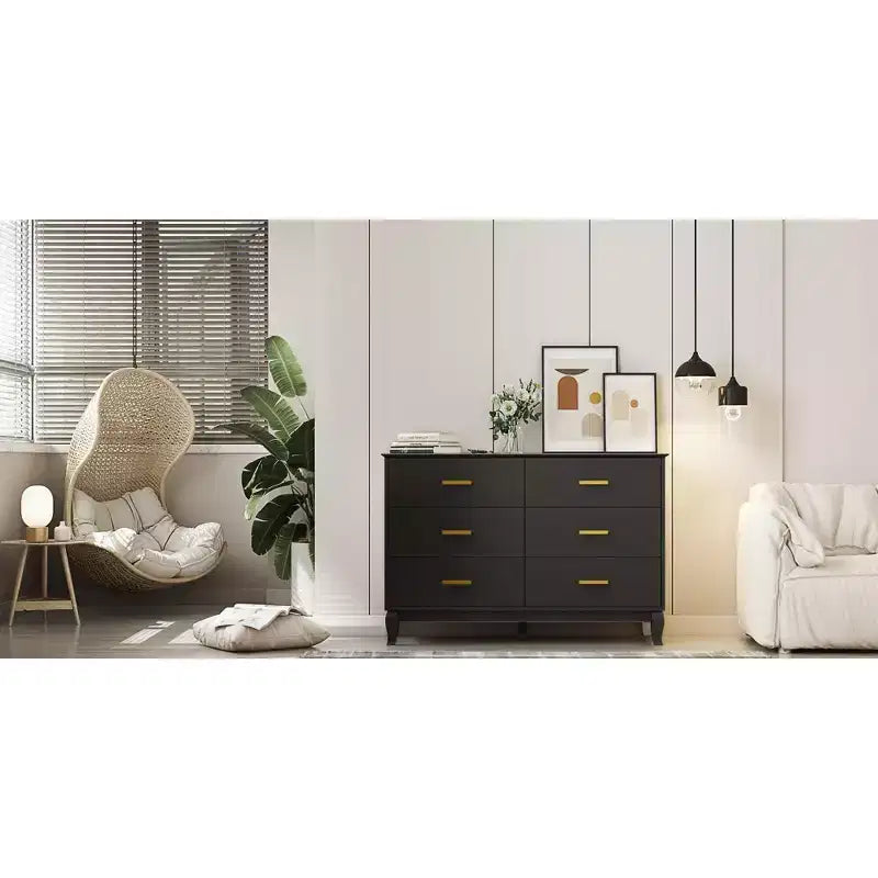 Commode à 6 tiroirs Design moderne Pieds en bois Coffre de rangement à tiroirs