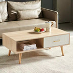 MAYEERTY Rectangle Coffe Table with Solid Wood Legs Sliding Drawer for Storage Natural Wood Color