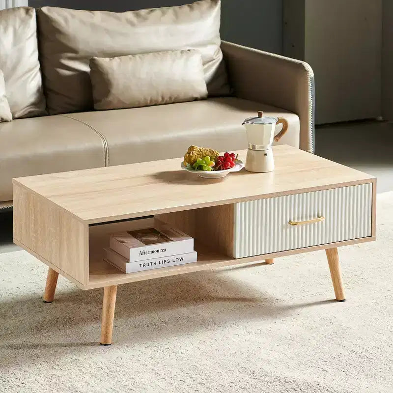 MAYEERTY Rectangle Coffe Table with Solid Wood Legs Sliding Drawer for Storage Natural Wood Color