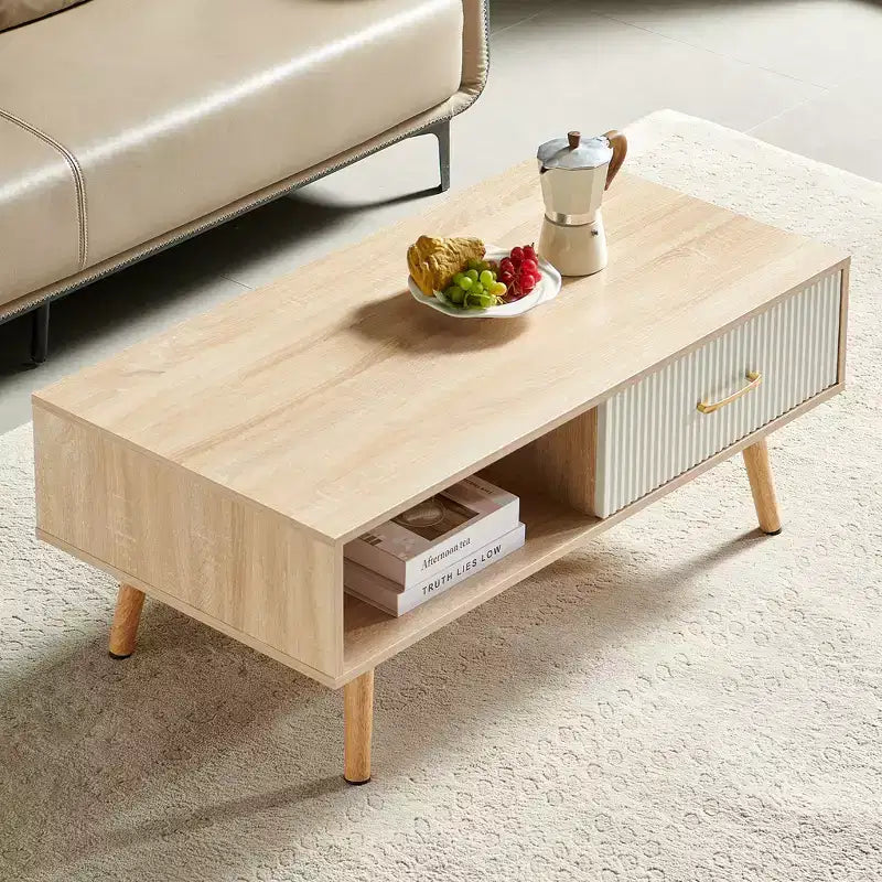Table basse rectangulaire avec pieds en bois massif, tiroir coulissant de rangement, couleur bois naturel