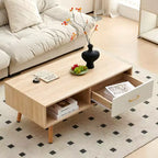 Table basse rectangulaire avec pieds en bois massif, tiroir coulissant de rangement, couleur bois naturel
