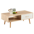 Table basse rectangulaire avec pieds en bois massif, tiroir coulissant de rangement, couleur bois naturel