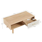 Table basse rectangulaire avec pieds en bois massif, tiroir coulissant de rangement, couleur bois naturel
