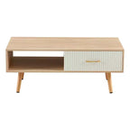 Table basse rectangulaire avec pieds en bois massif, tiroir coulissant de rangement, couleur bois naturel