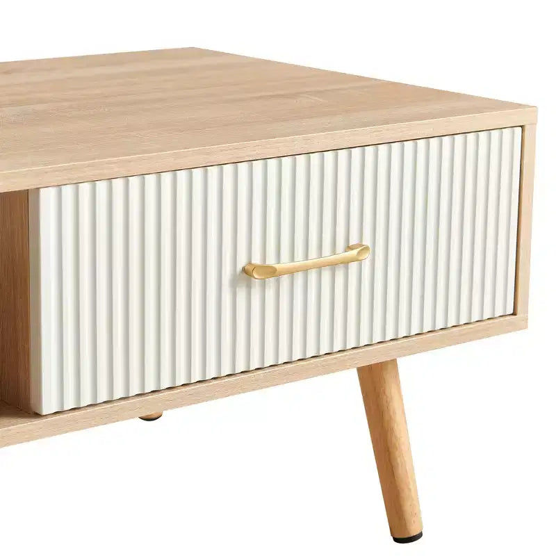 Table basse rectangulaire avec pieds en bois massif, tiroir coulissant de rangement, couleur bois naturel