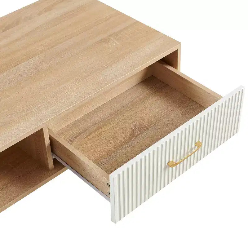 Table basse rectangulaire avec pieds en bois massif, tiroir coulissant de rangement, couleur bois naturel