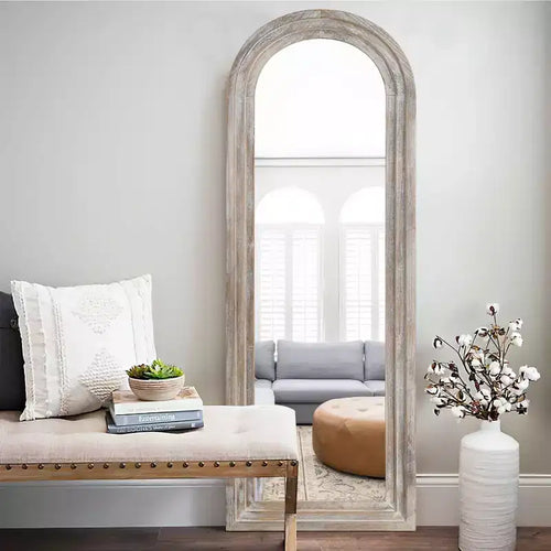 PexFix 21 in. W x 64 in. H Classic Arched Solid Wood Framed Leaning Mirror in Weathered White