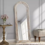 Miroir mural classique à cadre en bois massif arqué de 21 po l. x 64 po H, blanc vieilli