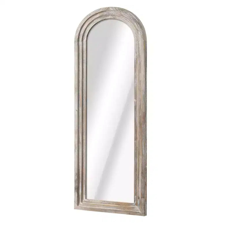 Miroir mural classique à cadre en bois massif arqué de 21 po l. x 64 po H, blanc vieilli