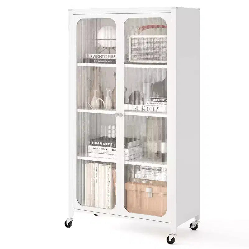 Costway Storage Cabinet with Wheels & 2 Translucent Doors Adjustable Shelves Sideboard 31.5 x 14.5 x 58