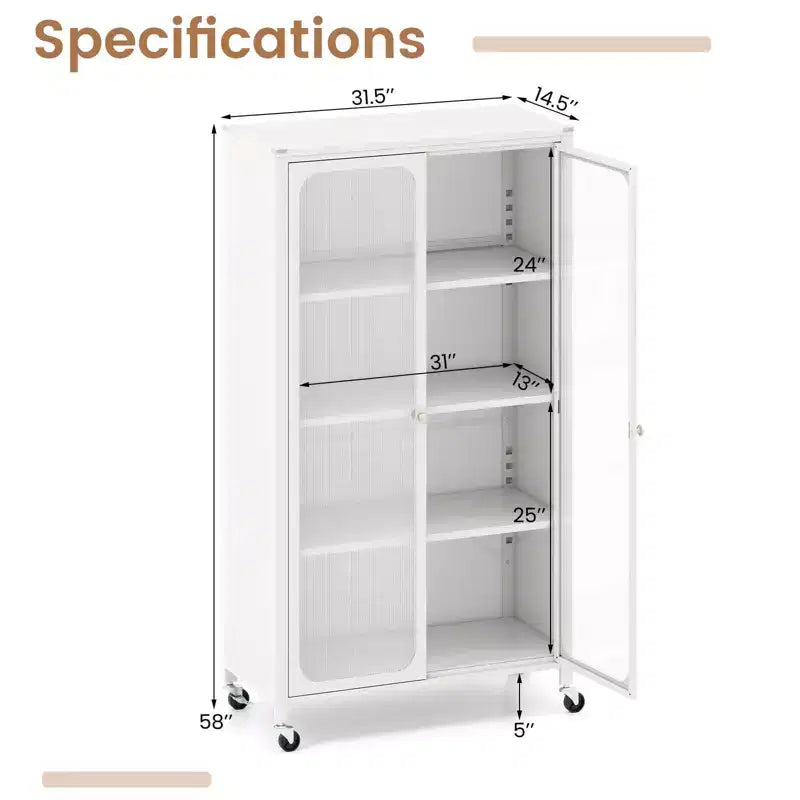Armoire de rangement à roulettes et 2 portes translucides, étagères réglables, buffet 80 x 37 x 147 cm