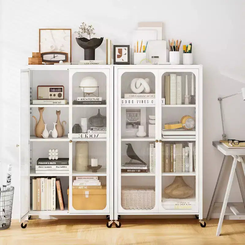 Armoire de rangement à roulettes et 2 portes translucides, étagères réglables, buffet 80 x 37 x 147 cm