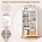 Armoire de rangement à roulettes et 2 portes translucides, étagères réglables, buffet 80 x 37 x 147 cm