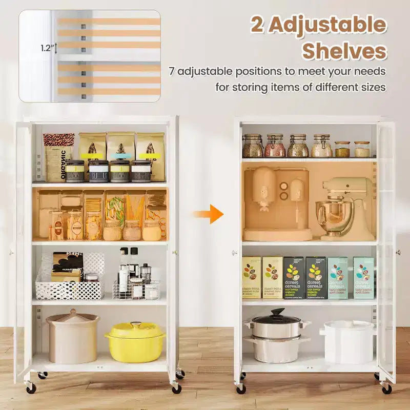 Armoire de rangement à roulettes et 2 portes translucides, étagères réglables, buffet 80 x 37 x 147 cm