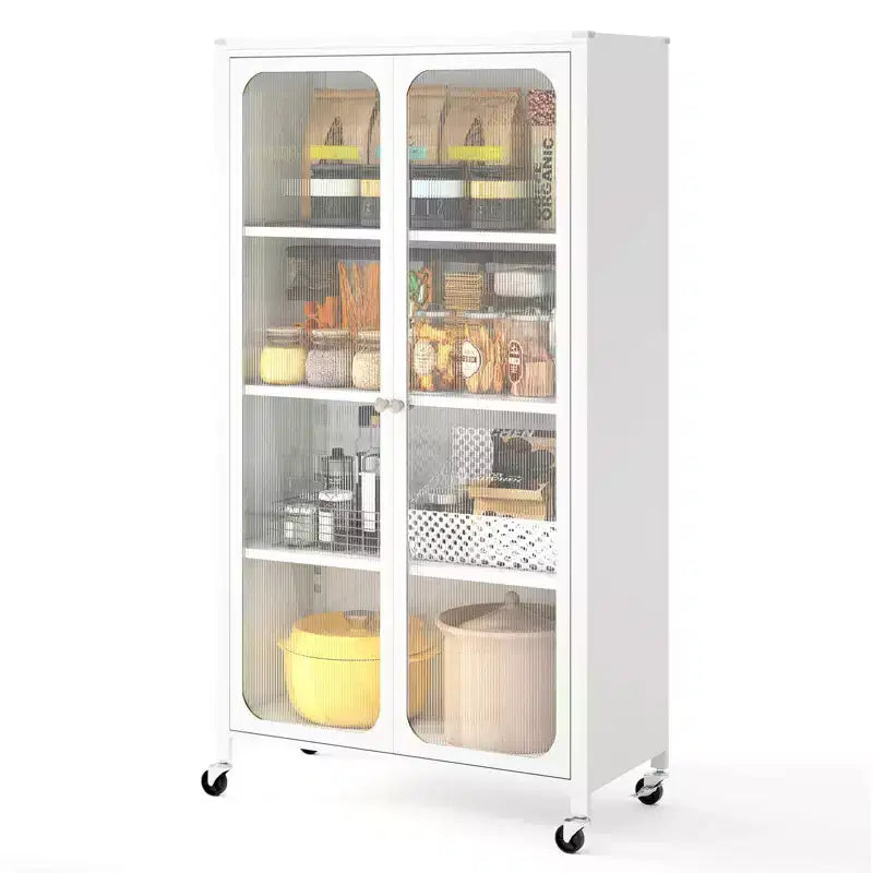 Armoire de rangement à roulettes et 2 portes translucides, étagères réglables, buffet 80 x 37 x 147 cm