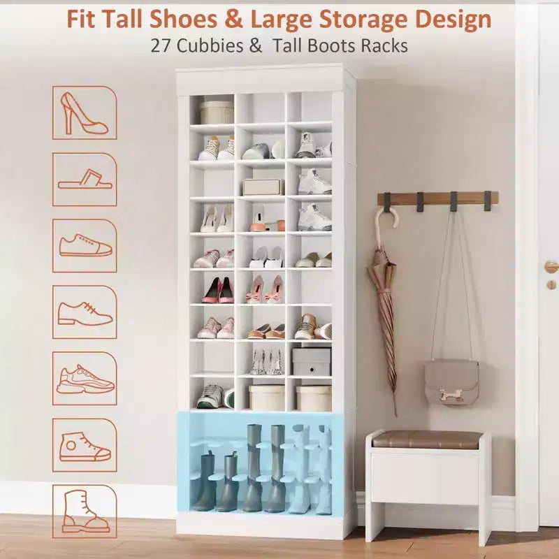 Meuble de rangement pour chaussures, armoire à chaussures haute à 10 niveaux avec étagères à bottes et 27 casiers, organisateur de chaussures autoportant pour placard, entrée