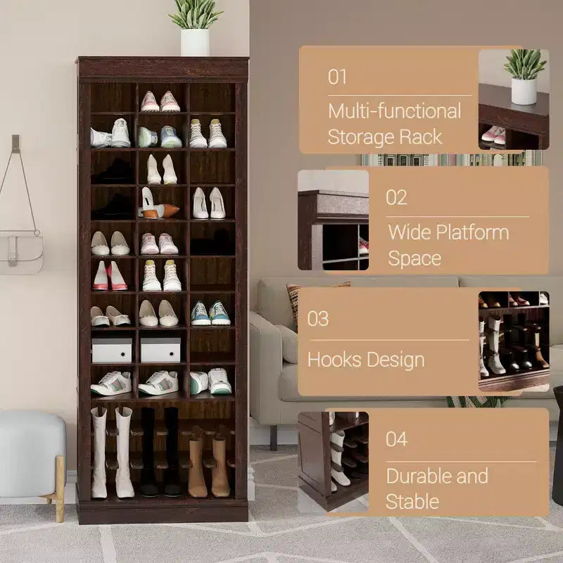 Meuble de rangement pour chaussures, armoire à chaussures haute à 10 niveaux avec étagères à bottes et 27 casiers, organisateur de chaussures autoportant pour placard, entrée