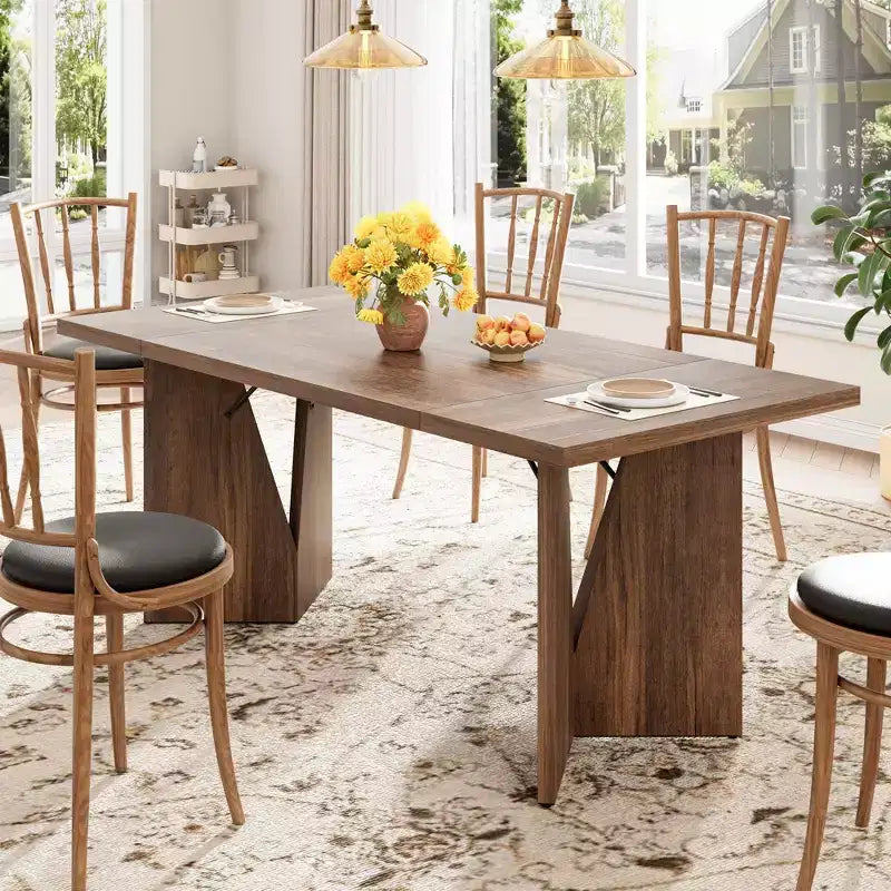 Table de salle à manger rectangulaire de 180 cm pour 6 personnes, table de cuisine haute rustique avec grand plateau, longue table en bois avec pieds robustes, Noyer