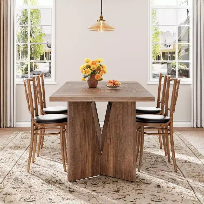 Table de salle à manger rectangulaire de 180 cm pour 6 personnes, table de cuisine haute rustique avec grand plateau, longue table en bois avec pieds robustes, Noyer