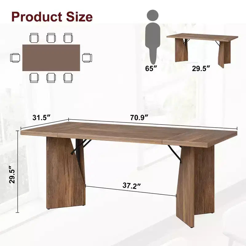 Table de salle à manger rectangulaire de 180 cm pour 6 personnes, table de cuisine haute rustique avec grand plateau, longue table en bois avec pieds robustes, Noyer