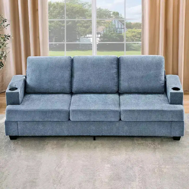 Canapé 3 places en chenille 89 avec porte-gobelets et poches de rangement - Canapé de salon à assise profonde pour petits espaces