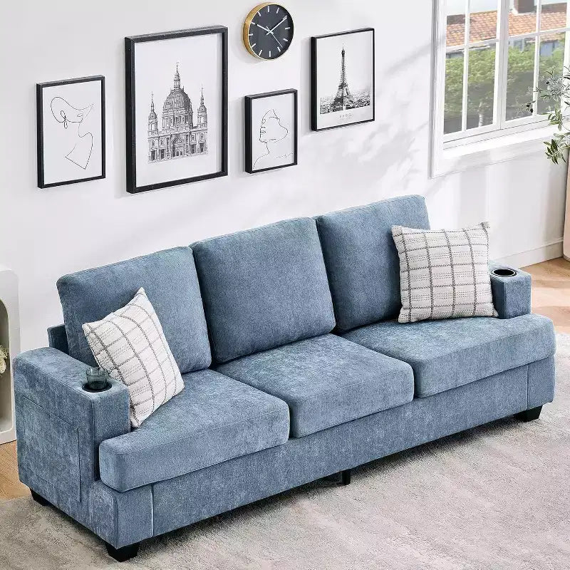 Canapé 3 places en chenille 89 avec porte-gobelets et poches de rangement - Canapé de salon à assise profonde pour petits espaces