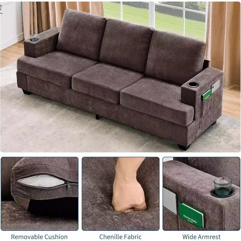 Canapé 3 places en chenille 89 avec porte-gobelets et poches de rangement - Canapé de salon à assise profonde pour petits espaces