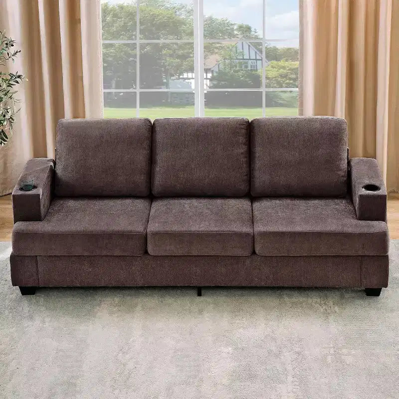 Canapé 3 places en chenille 89 avec porte-gobelets et poches de rangement - Canapé de salon à assise profonde pour petits espaces