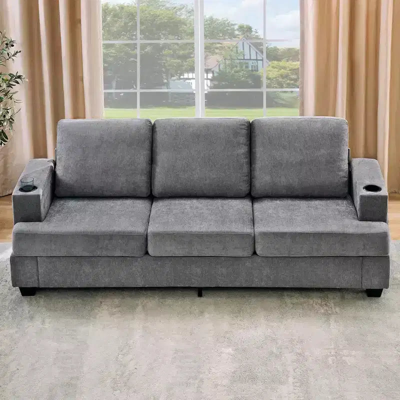 Canapé 3 places en chenille 89 avec porte-gobelets et poches de rangement - Canapé de salon à assise profonde pour petits espaces
