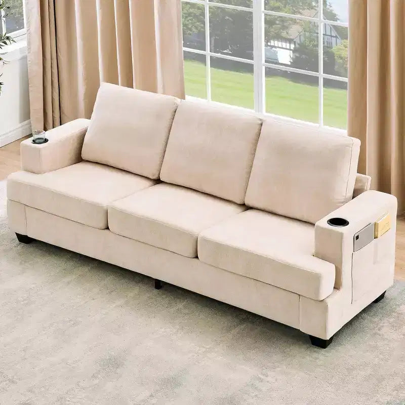 Canapé 3 places en chenille 89 avec porte-gobelets et poches de rangement - Canapé de salon à assise profonde pour petits espaces