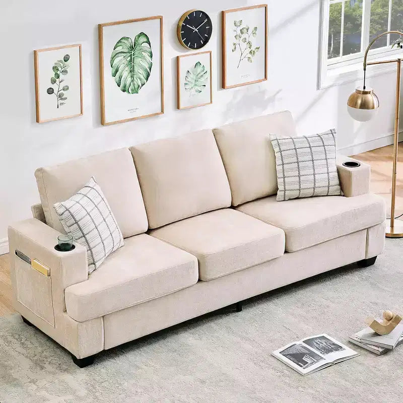 GustoWave 89 Chenille 3-Seater Sofa with Cup Holders & Storage Pockets - Deep Seat Living Room Couch for Small Spaces