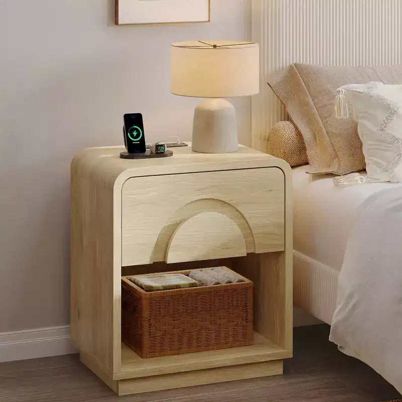 Bestier Nightstand with Charging Station, Modern LED End Table Bedside Table with Drawer & Open Shelf for Bedroom & Living Room, Natual Oak
