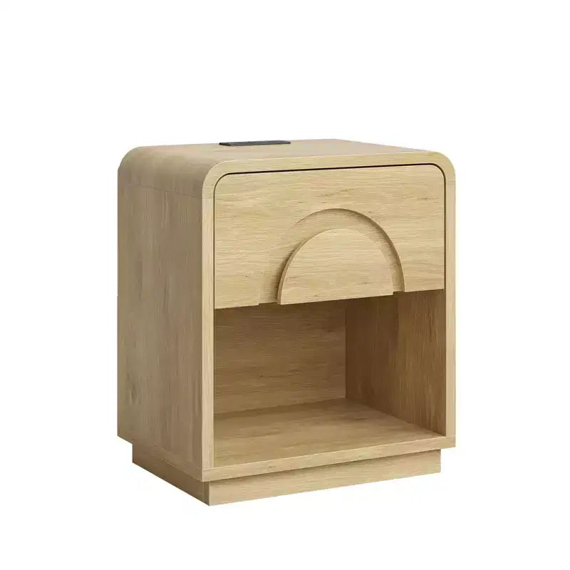 Table de chevet avec station de recharge, table d'appoint moderne à LED avec tiroir et étagère ouverte pour chambre et salon, chêne naturel