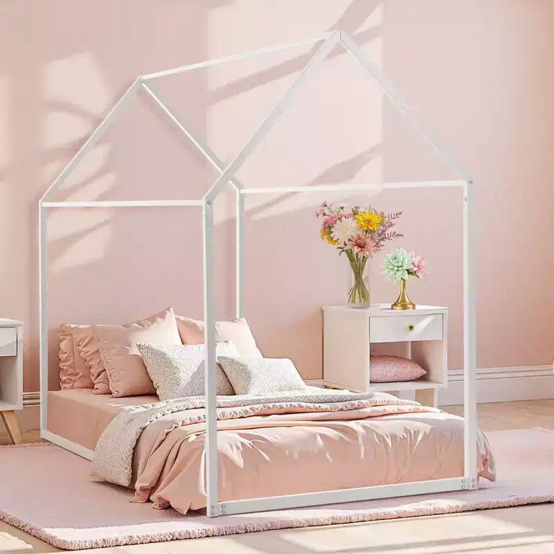 Cadre de lit maison pour lit simple, cadre de lit d'enfant en métal avec toit, support de lattes en acier robuste, cadre de lit en forme de maison, blanc