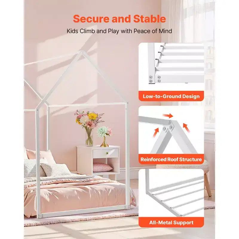 Cadre de lit maison pour lit simple, cadre de lit d'enfant en métal avec toit, support de lattes en acier robuste, cadre de lit en forme de maison, blanc