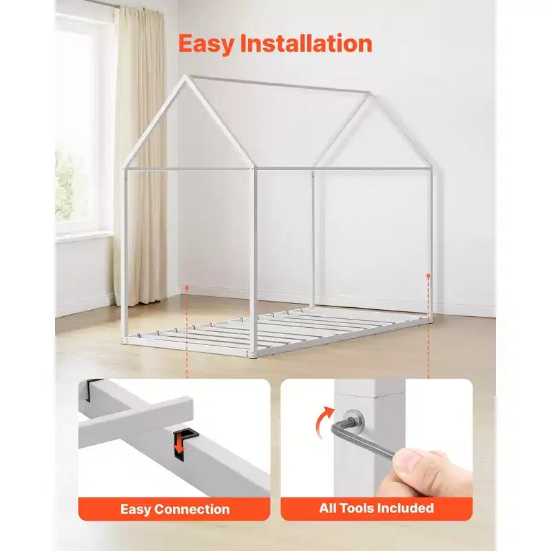 Cadre de lit maison pour lit simple, cadre de lit d'enfant en métal avec toit, support de lattes en acier robuste, cadre de lit en forme de maison, blanc