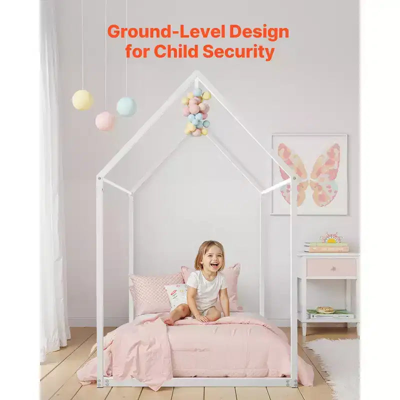 Cadre de lit maison pour lit simple, cadre de lit d'enfant en métal avec toit, support de lattes en acier robuste, cadre de lit en forme de maison, blanc