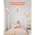 Cadre de lit maison pour lit simple, cadre de lit d'enfant en métal avec toit, support de lattes en acier robuste, cadre de lit en forme de maison, blanc