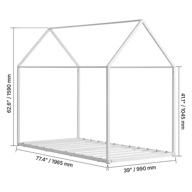 Cadre de lit maison pour lit simple, cadre de lit d'enfant en métal avec toit, support de lattes en acier robuste, cadre de lit en forme de maison, blanc