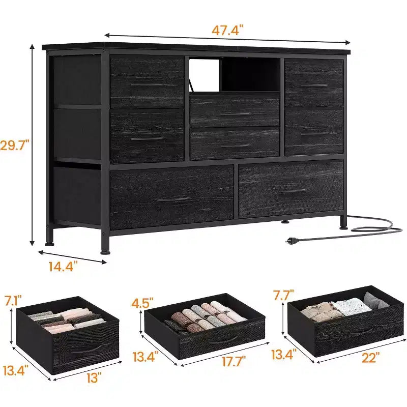 Meuble TV de 47,4 po avec prise de courant pour téléviseur de 55 po, commode de rangement à 8 tiroirs pour chambre à coucher, table console avec plateau en bois et 22 modes d'éclairage