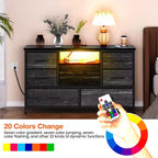 Meuble TV de 47,4 po avec prise de courant pour téléviseur de 55 po, commode de rangement à 8 tiroirs pour chambre à coucher, table console avec plateau en bois et 22 modes d'éclairage