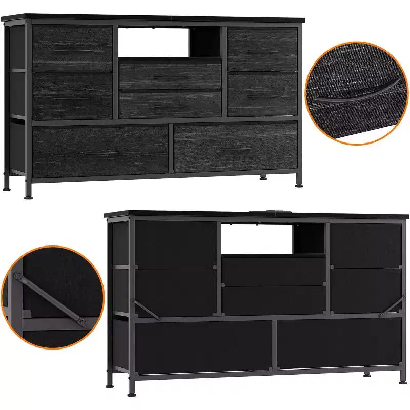 Meuble TV de 47,4 po avec prise de courant pour téléviseur de 55 po, commode de rangement à 8 tiroirs pour chambre à coucher, table console avec plateau en bois et 22 modes d'éclairage