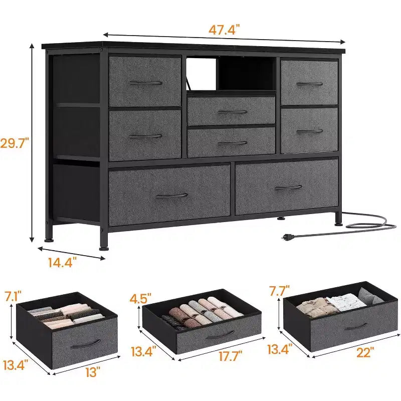 Meuble TV de 47,4 po avec prise de courant pour téléviseur de 55 po, commode de rangement à 8 tiroirs pour chambre à coucher, table console avec plateau en bois et 22 modes d'éclairage
