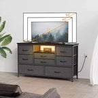 Meuble TV de 47,4 po avec prise de courant pour téléviseur de 55 po, commode de rangement à 8 tiroirs pour chambre à coucher, table console avec plateau en bois et 22 modes d'éclairage