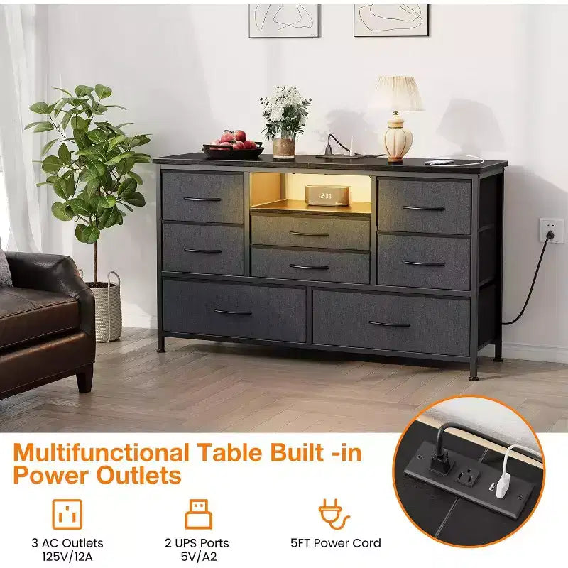 Meuble TV de 47,4 po avec prise de courant pour téléviseur de 55 po, commode de rangement à 8 tiroirs pour chambre à coucher, table console avec plateau en bois et 22 modes d'éclairage