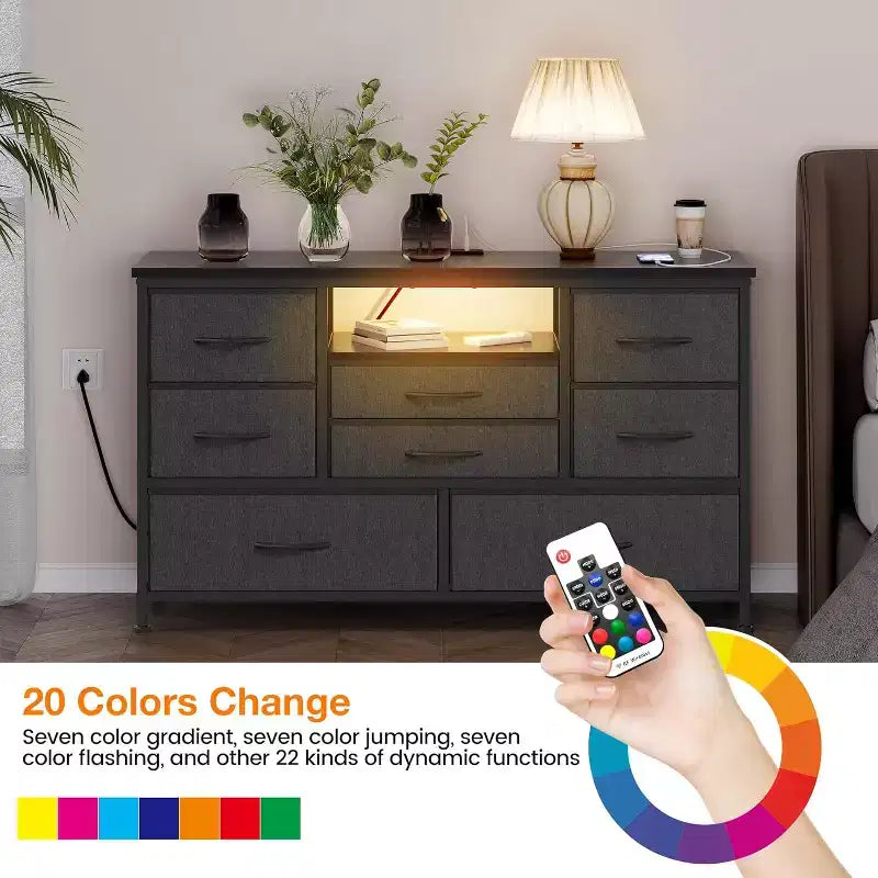Meuble TV de 47,4 po avec prise de courant pour téléviseur de 55 po, commode de rangement à 8 tiroirs pour chambre à coucher, table console avec plateau en bois et 22 modes d'éclairage