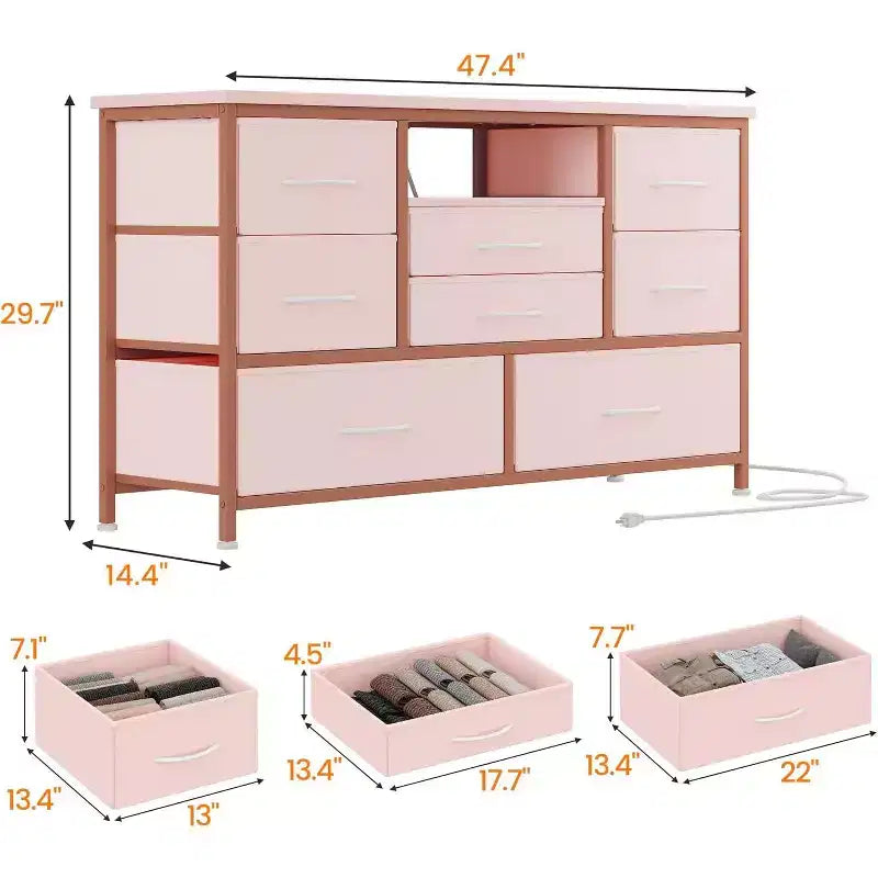 Meuble TV de 47,4 po avec prise de courant pour téléviseur de 55 po, commode de rangement à 8 tiroirs pour chambre à coucher, table console avec plateau en bois et 22 modes d'éclairage